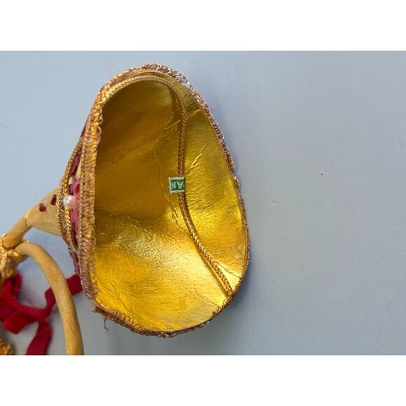 Handcrafted Decorative Gold & Red Horn Ornament With Embroidery & Pearl Accents - Picture 3 of 8